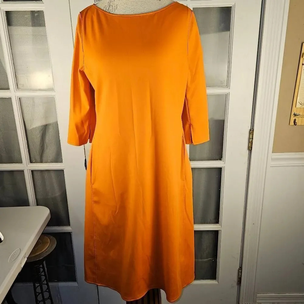 NWT Luisa Cerano Womens Orange The Plum‎ 3/4 Sleeve 2 Pocket Shift Dress 12